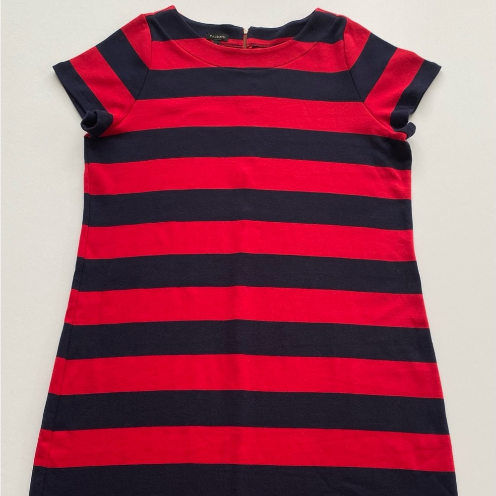Talbots Womens Short Sleeve Dress Sz XL Striped Red Navy Cotton Back Zip